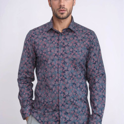 Bloom Patterned Slim-Fit Navy Blue Men's Shirt