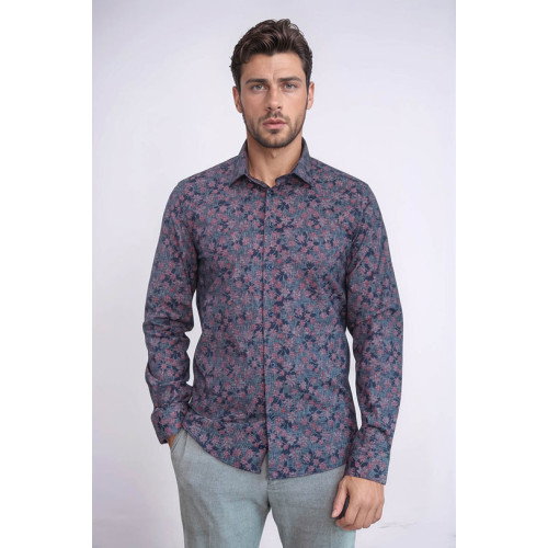 Bloom Patterned Slim-Fit Navy Blue Men's Shirt