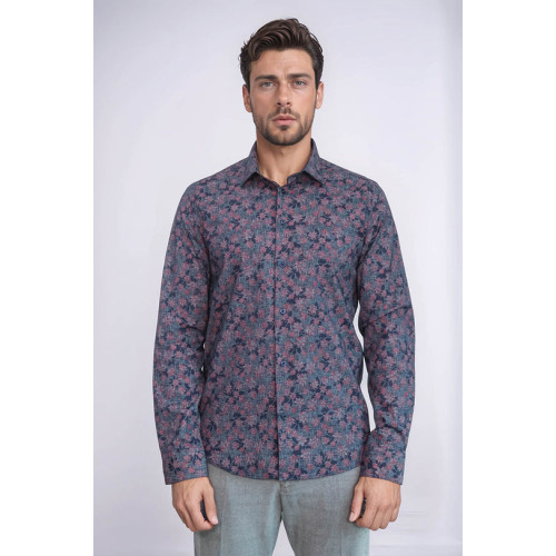 Bloom Patterned Slim-Fit Navy Blue Men's Shirt