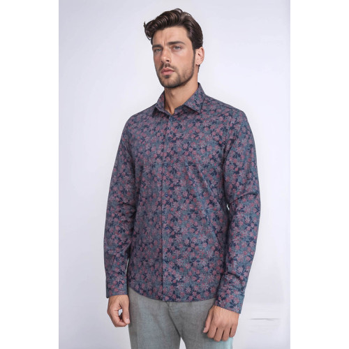 Bloom Patterned Slim-Fit Navy Blue Men's Shirt