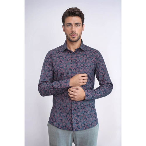 Bloom Patterned Slim-Fit Navy Blue Men's Shirt