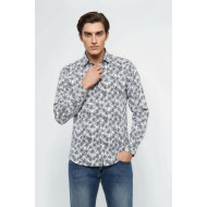 Blue Floral Patterned Long Sleeve White Men's Shirt