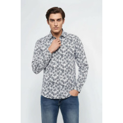 Blue Floral Patterned Long Sleeve White Men's Shirt