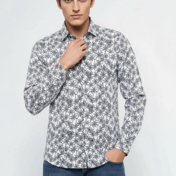 Blue Floral Patterned Long Sleeve White Men's Shirt