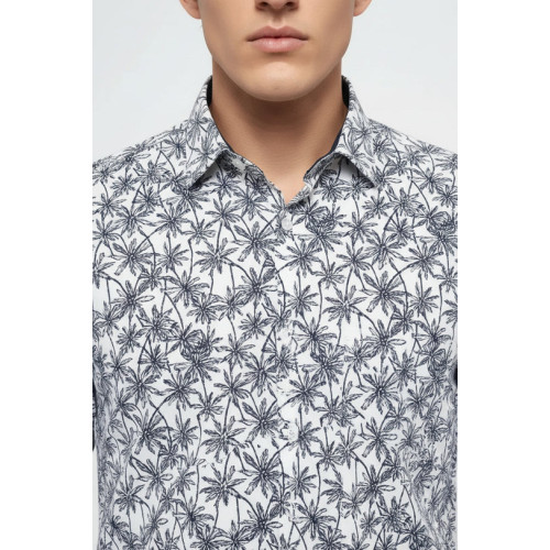 Blue Floral Patterned Long Sleeve White Men's Shirt