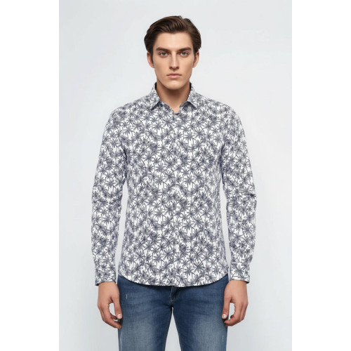 Blue Floral Patterned Long Sleeve White Men's Shirt