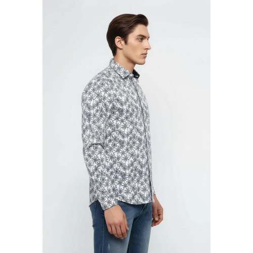 Blue Floral Patterned Long Sleeve White Men's Shirt