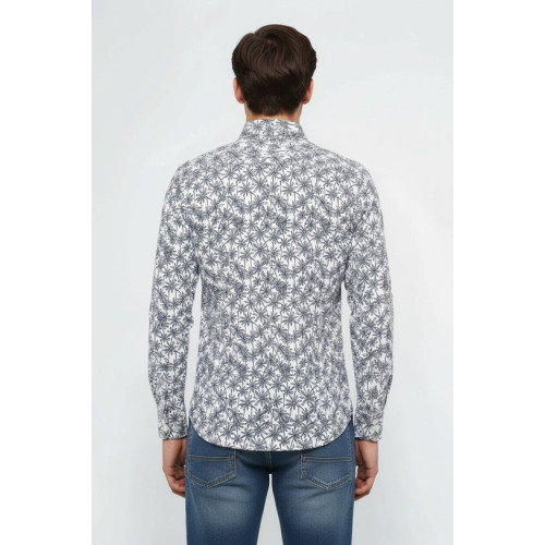 Blue Floral Patterned Long Sleeve White Men's Shirt