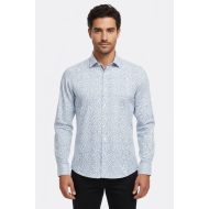 Blue Floral Patterned Slim-Fit White Mens Shirt