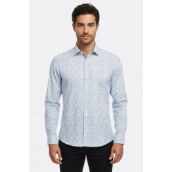 Blue Floral Patterned Slim-Fit White Mens Shirt