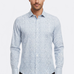 Blue Floral Patterned Slim-Fit White Mens Shirt