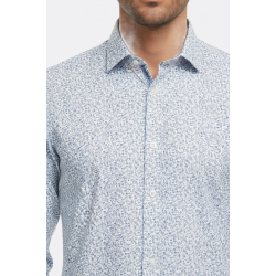 Blue Floral Patterned Slim-Fit White Mens Shirt