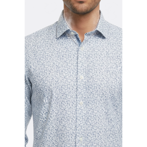 Blue Floral Patterned Slim-Fit White Mens Shirt