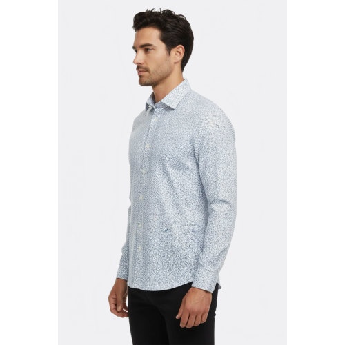 Blue Floral Patterned Slim-Fit White Mens Shirt
