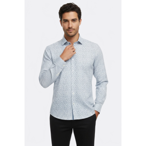Blue Floral Patterned Slim-Fit White Mens Shirt