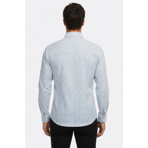 Blue Floral Patterned Slim-Fit White Mens Shirt