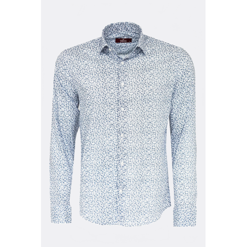 Blue Floral Patterned Slim-Fit White Mens Shirt