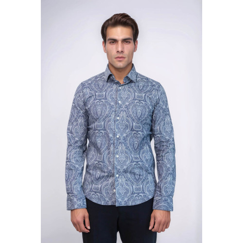 Blue Patterned Slim Fit Men's Shirt