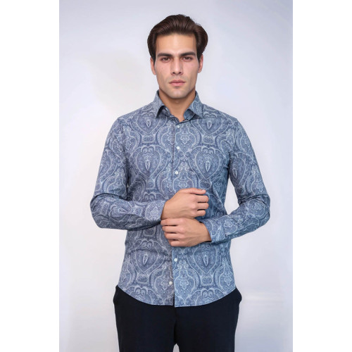 Blue Patterned Slim Fit Men's Shirt