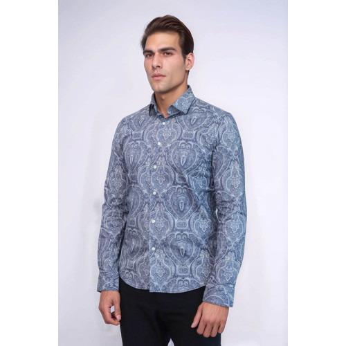 Blue Patterned Slim Fit Men's Shirt