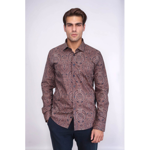 Brown Patterned Slim-Fit Men's Shirt