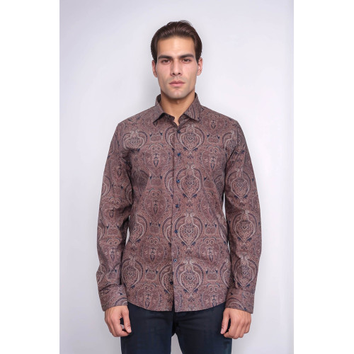 Brown Patterned Slim-Fit Men's Shirt