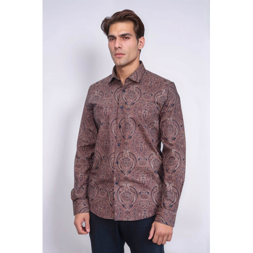 Brown Patterned Slim-Fit Men's Shirt