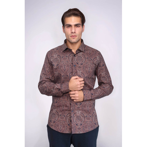 Brown Patterned Slim-Fit Men's Shirt
