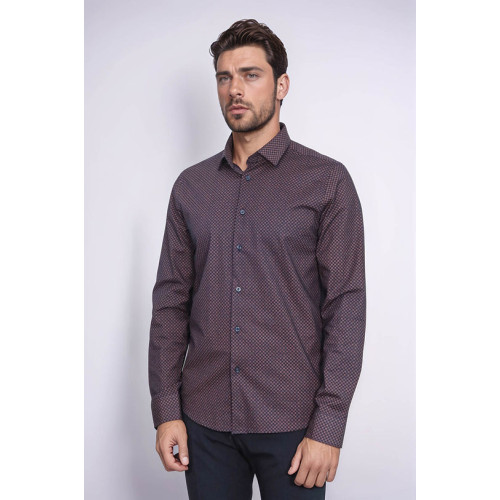 Brown Tiny Check Patterned Slim-Fit Shirt