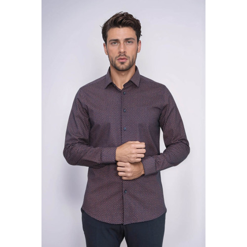 Brown Tiny Check Patterned Slim-Fit Shirt