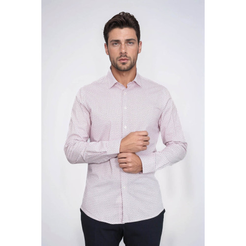 Claret Red Tiny Check Patterned Slim-Fit Men's Shirt