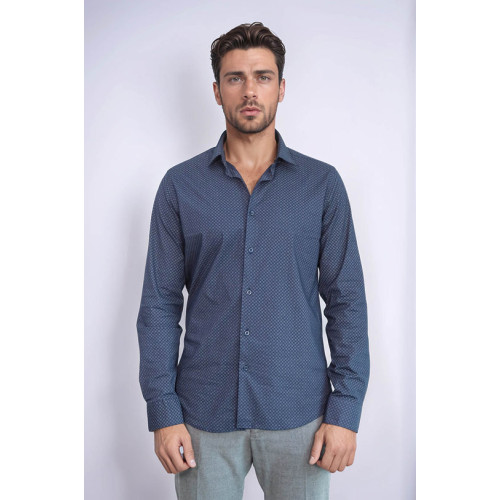 Dark Blue Tiny Check Patterned Slim-Fit Shirt