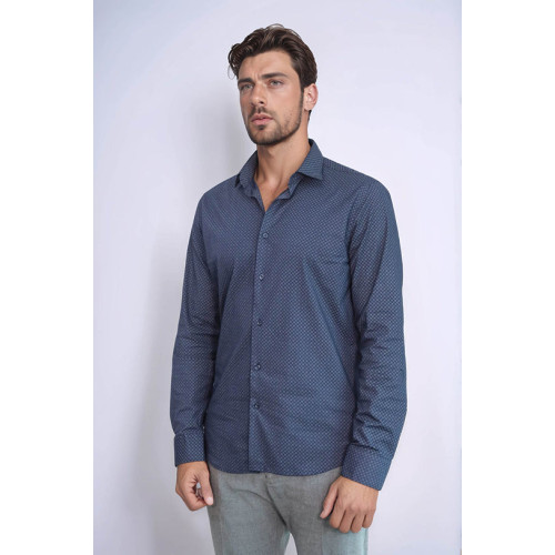 Dark Blue Tiny Check Patterned Slim-Fit Shirt