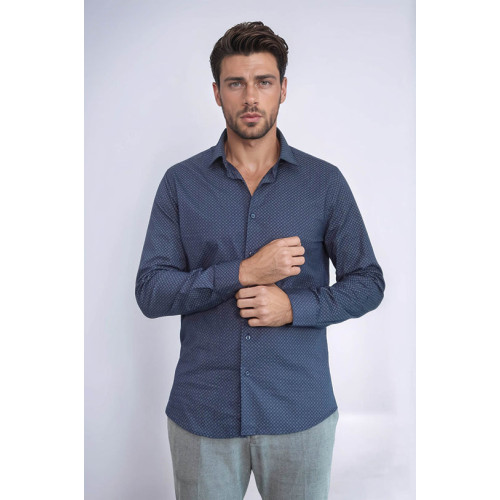 Dark Blue Tiny Check Patterned Slim-Fit Shirt