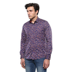 Flower Patterned Long-Sleeves Navy Blue Shirts For Men