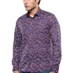 Flower Patterned Long-Sleeves Navy Blue Shirts For Men