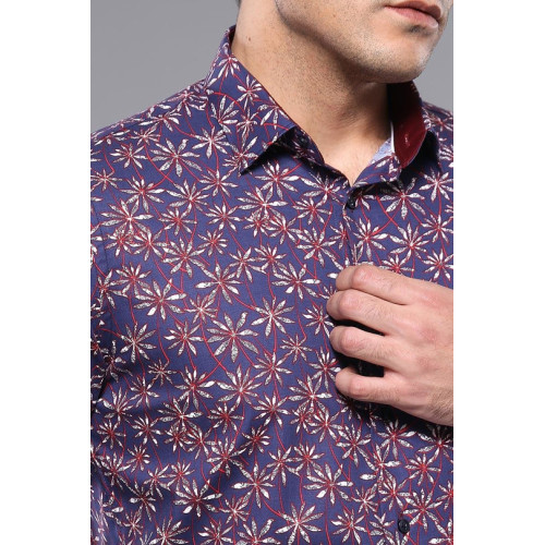 Flower Patterned Long-Sleeves Navy Blue Shirts For Men