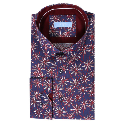 Flower Patterned Long-Sleeves Navy Blue Shirts For Men