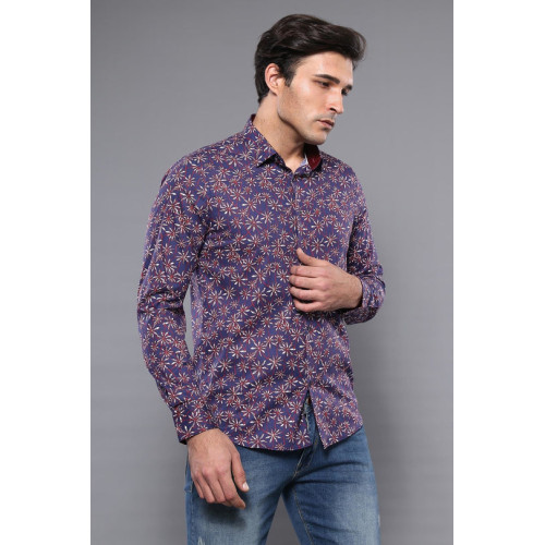 Flower Patterned Long-Sleeves Navy Blue Shirts For Men