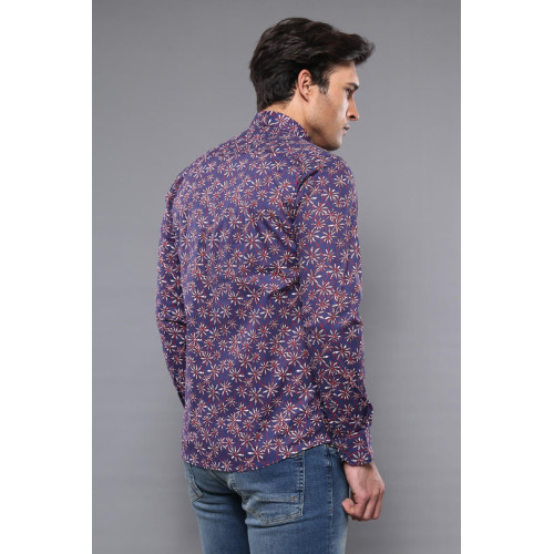 Flower Patterned Long-Sleeves Navy Blue Shirts For Men