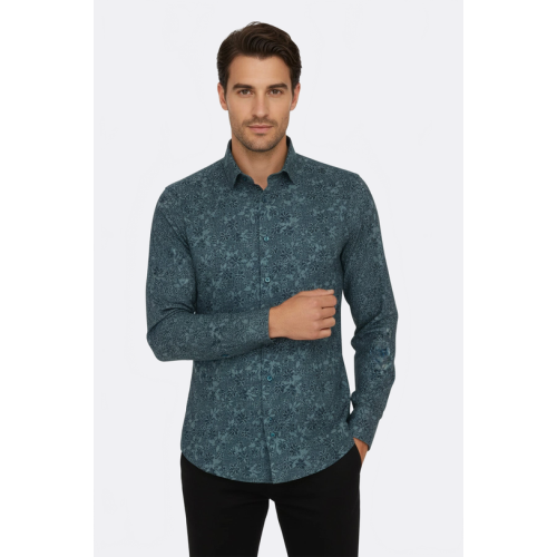 Bloom Patterned Green Slim-Fit Shirts For Men