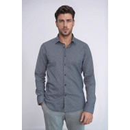Navy-Blue Tiny Check Patterned Slim-Fit Shirt
