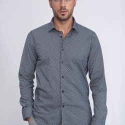 Navy-Blue Tiny Check Patterned Slim-Fit Shirt