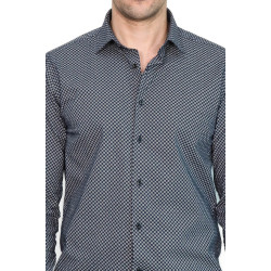Navy-Blue Tiny Check Patterned Slim-Fit Shirt