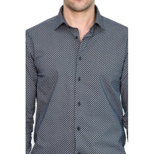 Navy-Blue Tiny Check Patterned Slim-Fit Shirt