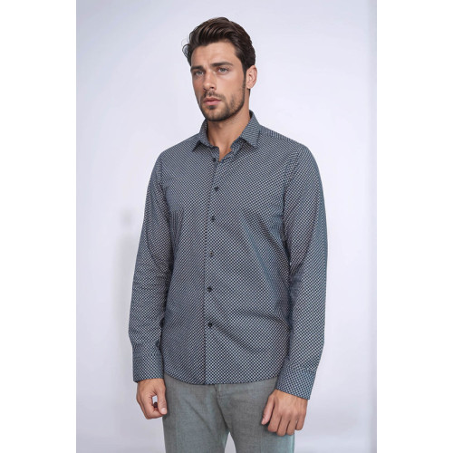 Navy-Blue Tiny Check Patterned Slim-Fit Shirt