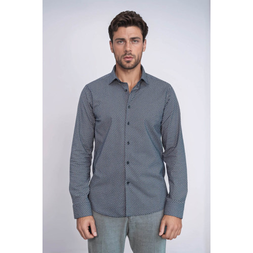 Navy-Blue Tiny Check Patterned Slim-Fit Shirt