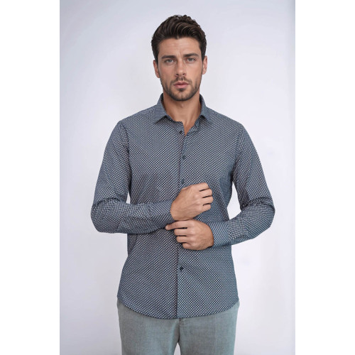 Navy-Blue Tiny Check Patterned Slim-Fit Shirt