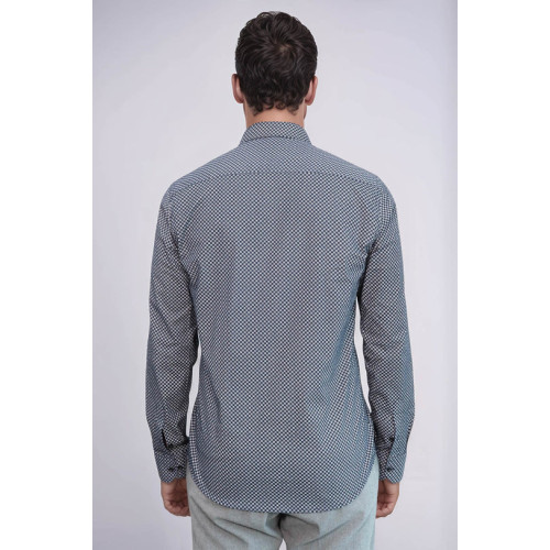 Navy-Blue Tiny Check Patterned Slim-Fit Shirt