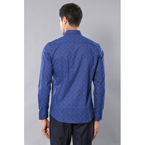 Flower Patterned Long-Sleeves Navy Blue Shirts For Men